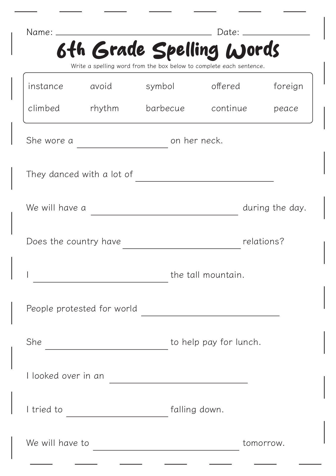 Free Printable Spelling Worksheets Grade 6
