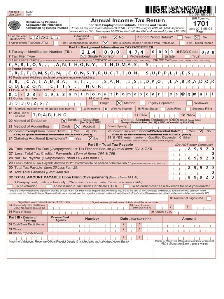 1701 Bir Form PDF Tax Deduction Capital Gains Tax