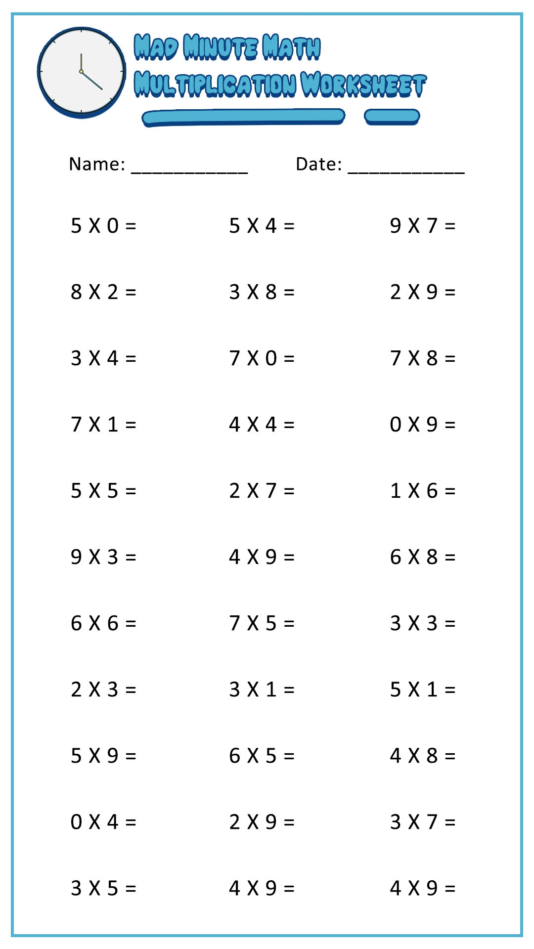 Mad Minute Multiplication Free Printable