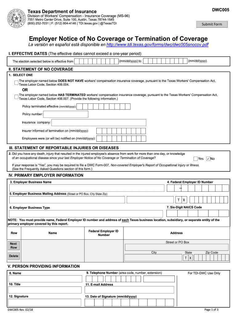 2018 2025 Form TX DWC005 Fill Online Printable Fillable Blank 