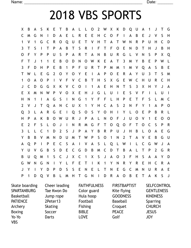 2018 VBS SPORTS Word Search WordMint