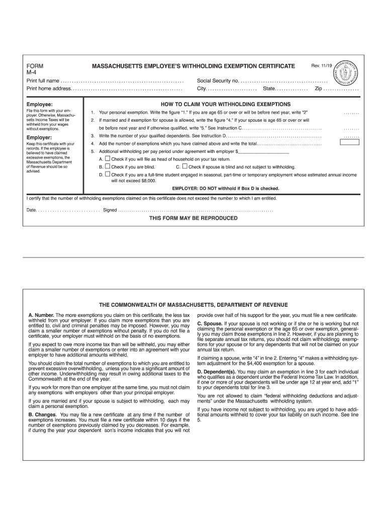 2019 2025 Form MA DoR M 4 Fill Online Printable Fillable Blank 