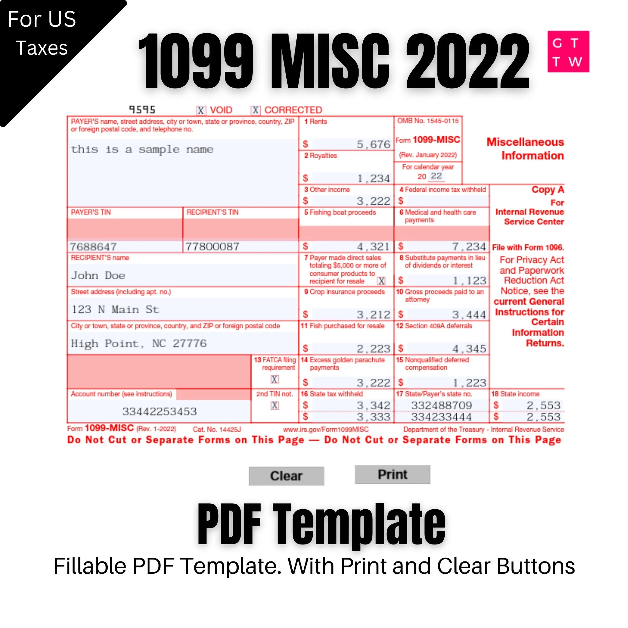 2022 1099 MISC Form Template Fillable Printable digital 