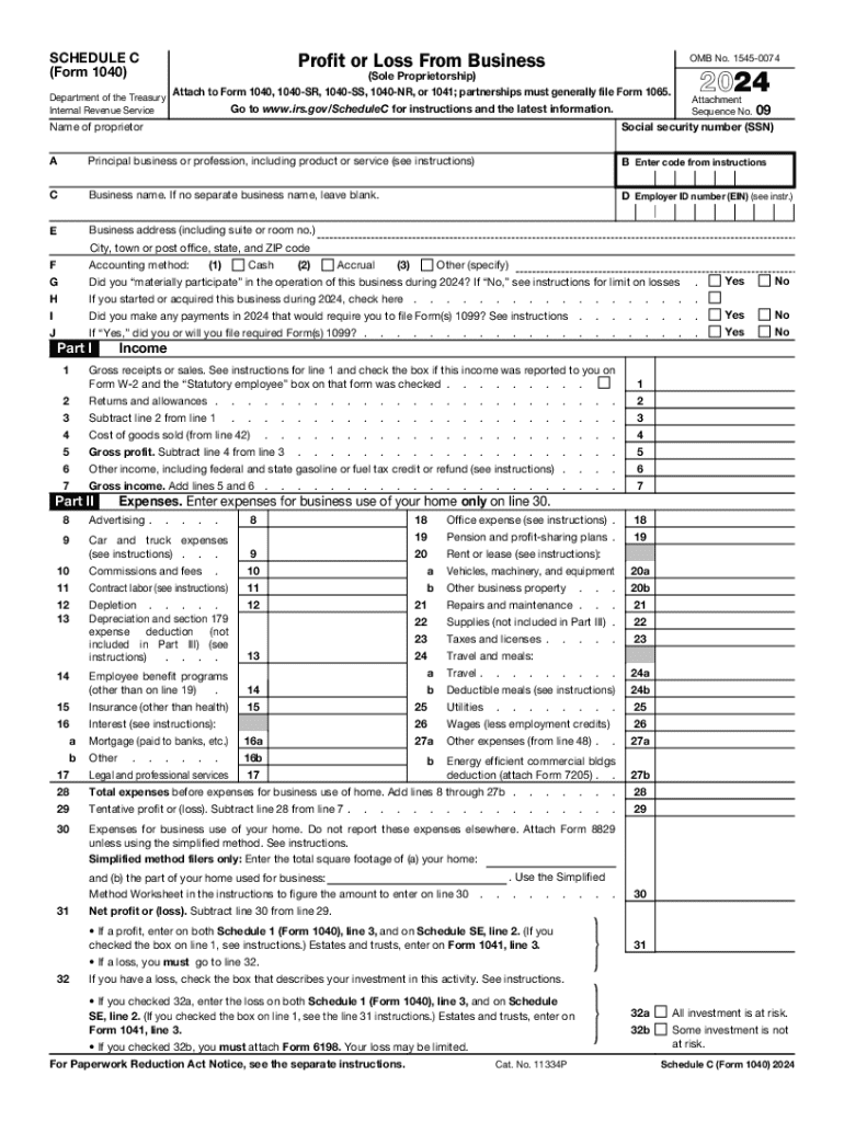 2024 Form IRS 1040 Schedule C Fill Online Printable Fillable 