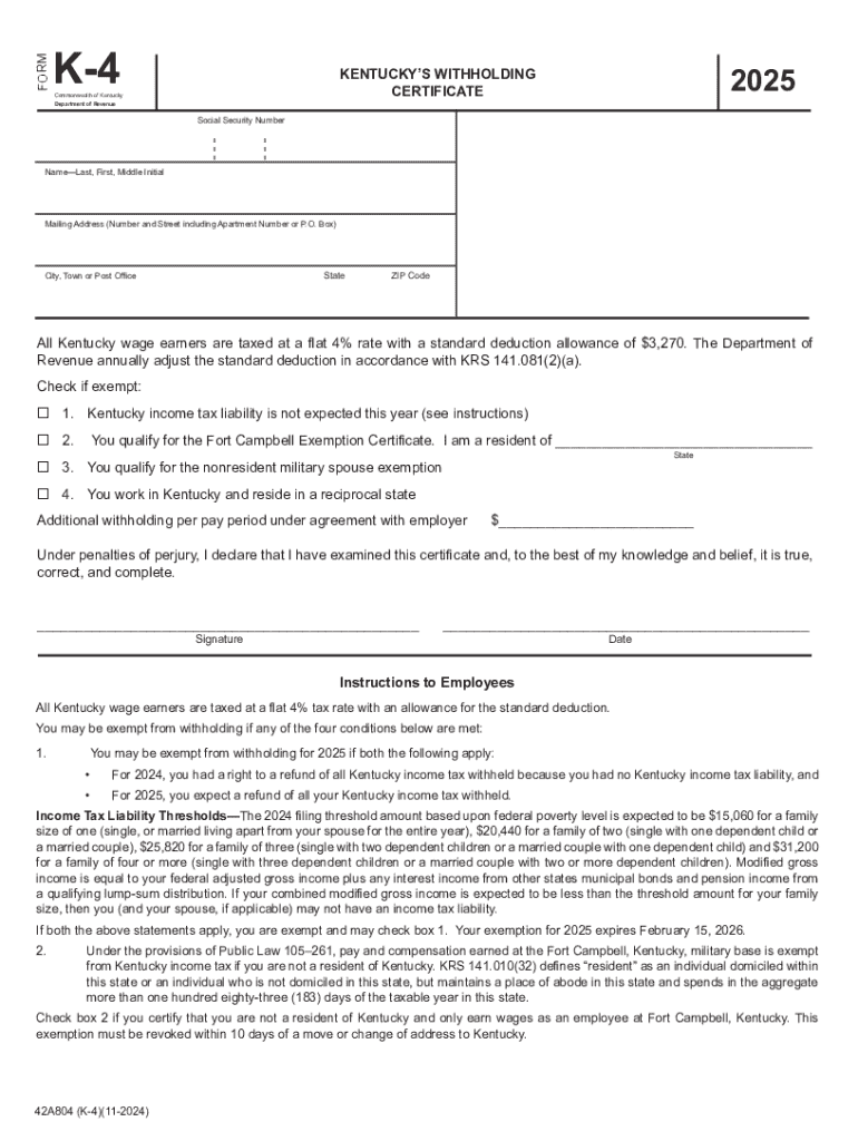 2025 KY DoR 42A804 Form K 4 Fill Online Printable Fillable 