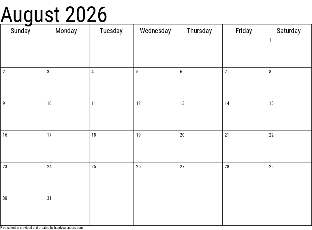 Blank Calendar Template August 2026 Printable