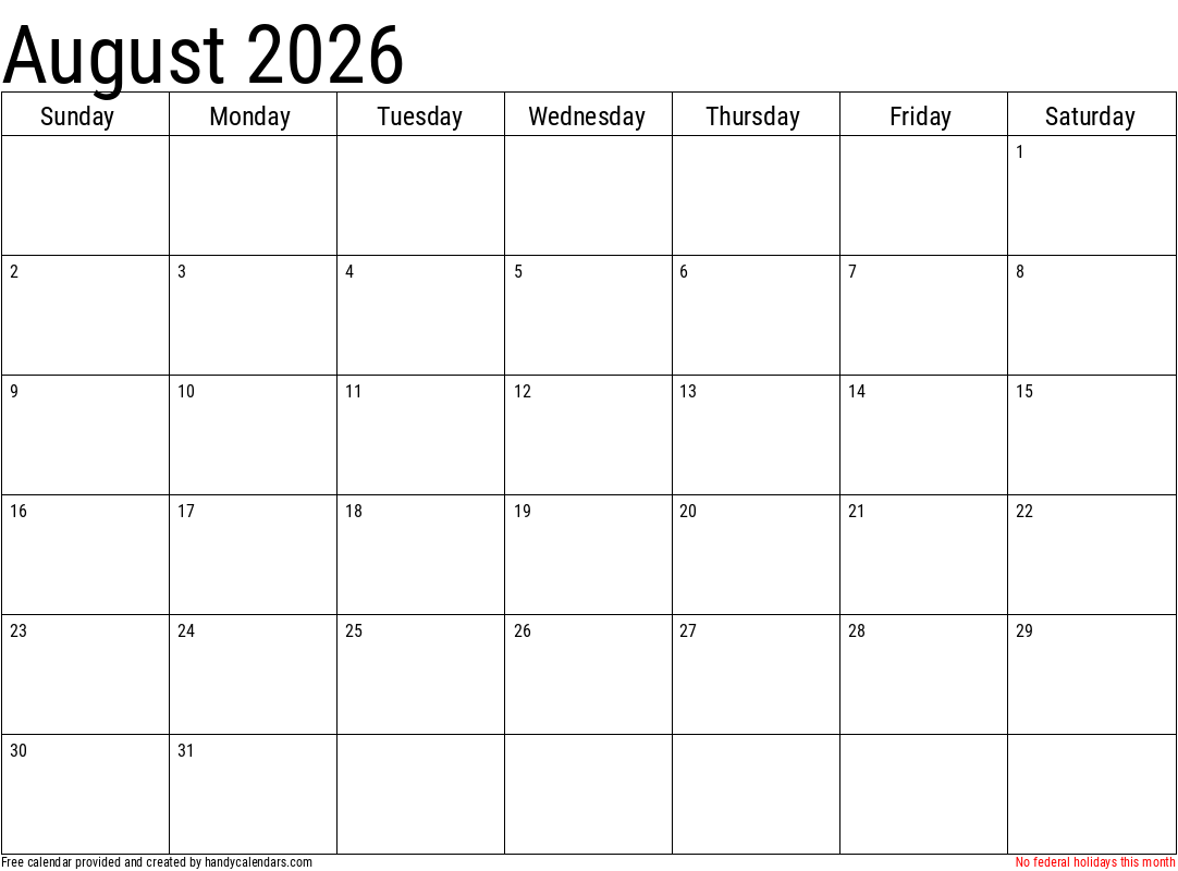 Blank Printable Calendar 2026 August