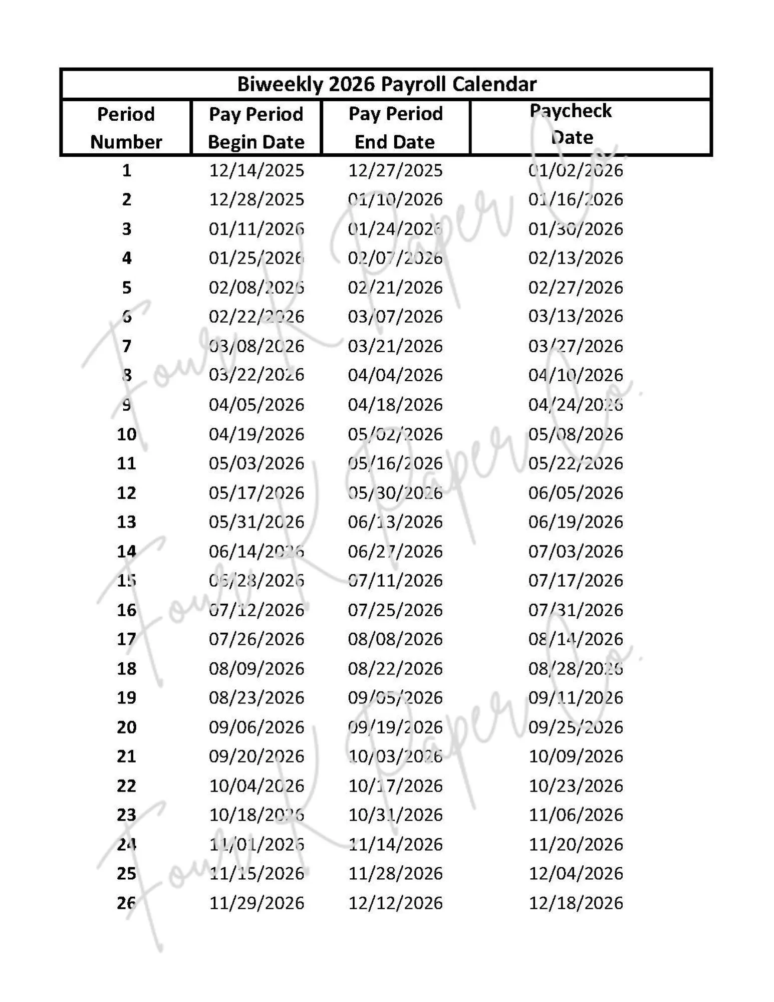 2026 Biweekly Payroll Calendar Printable amp Digital Pay Period 