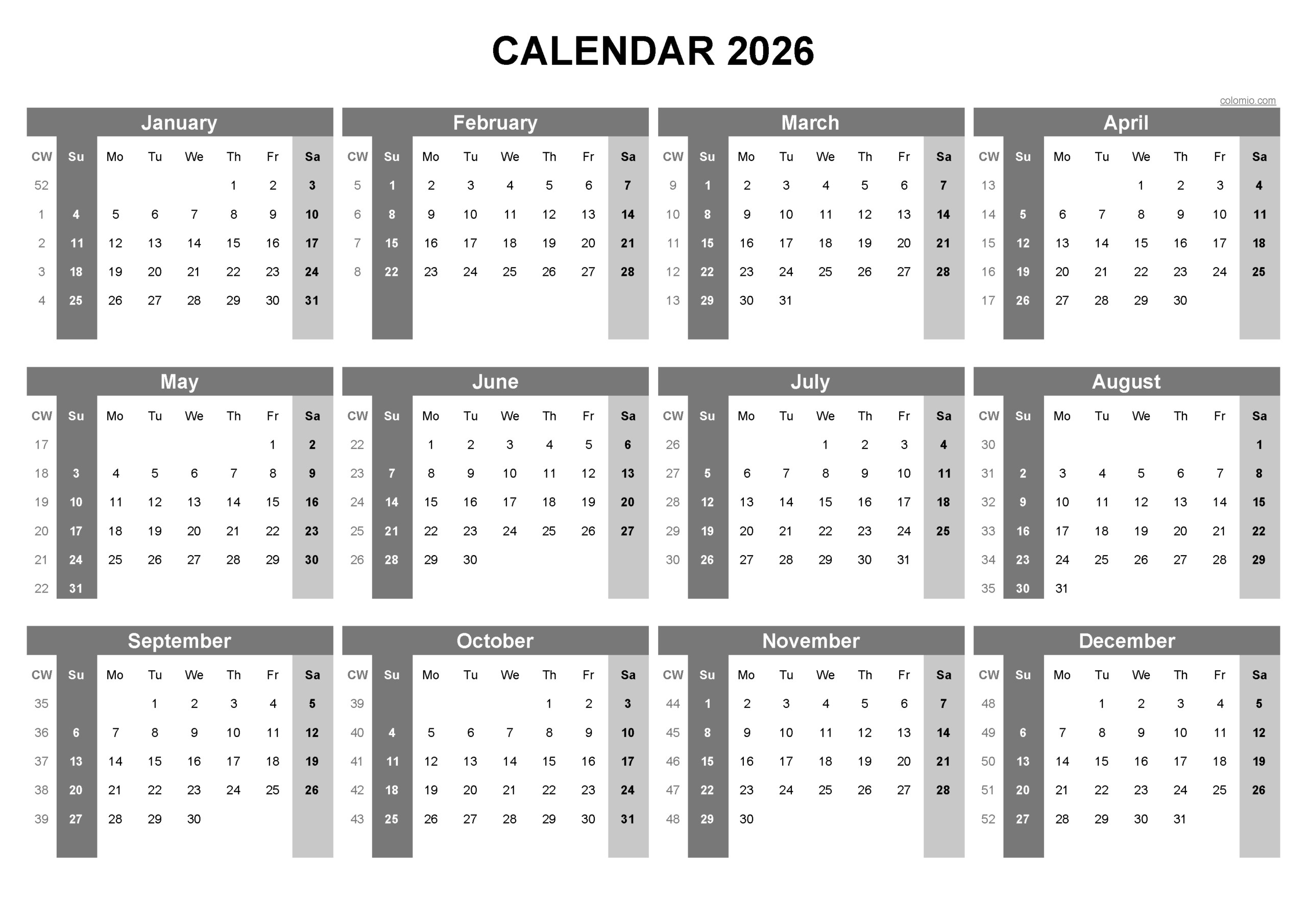 Calendar 2026 Blank Printable Free Download