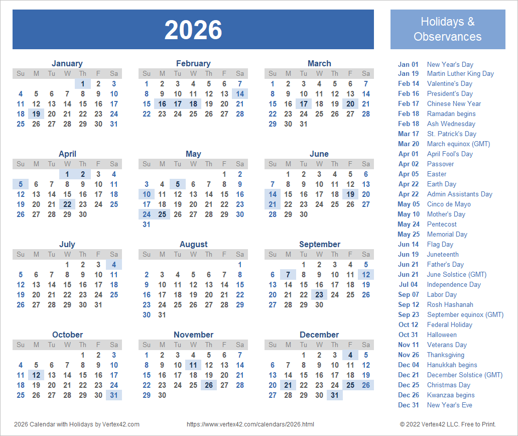 2026 Calendar Pages Printable