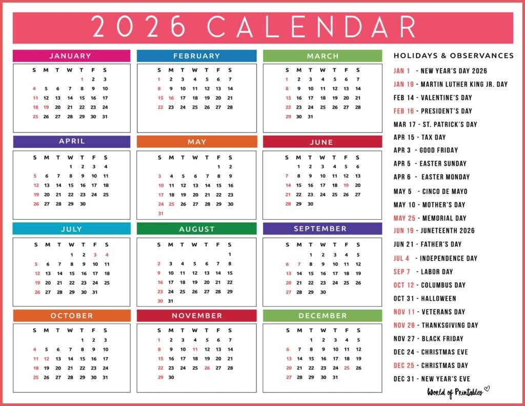 2026 Federal Holiday Calendar Printable