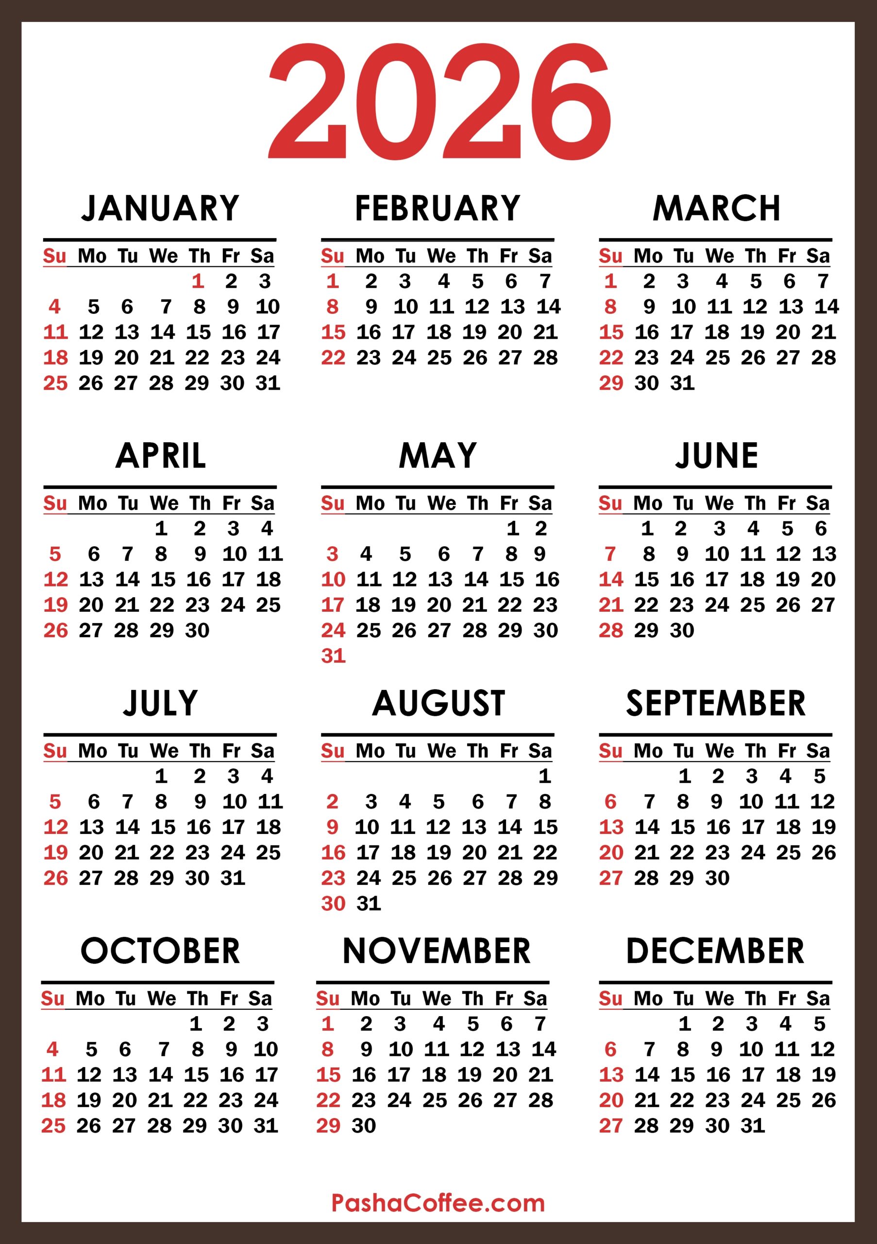 2026 Calendar With Holidays Printable Free Vertical Brown 