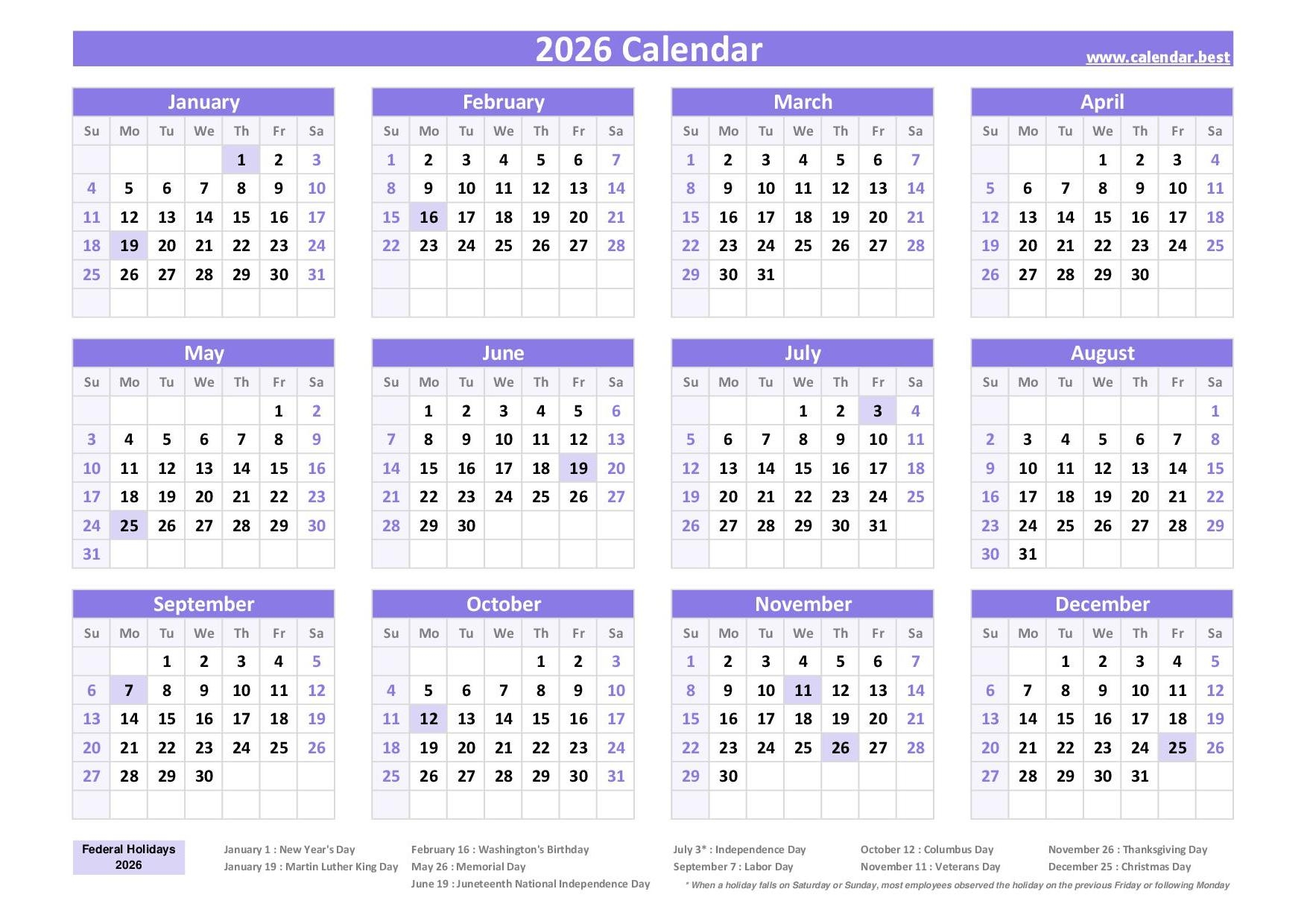 Federal Holidays Free Printable 2026 Calendar With Holidays