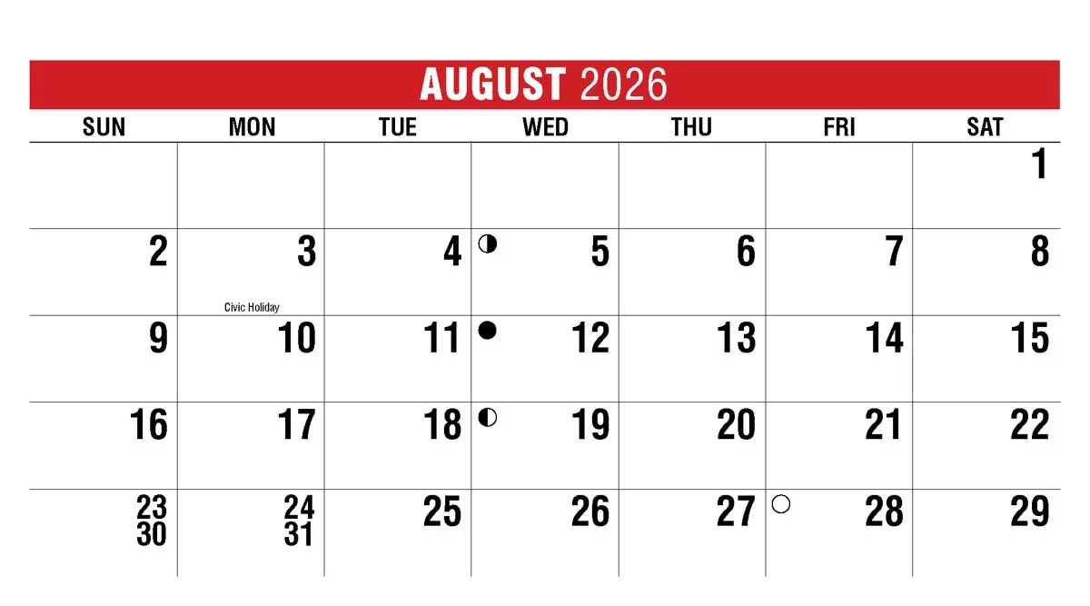 August 2026 Calendar Canada