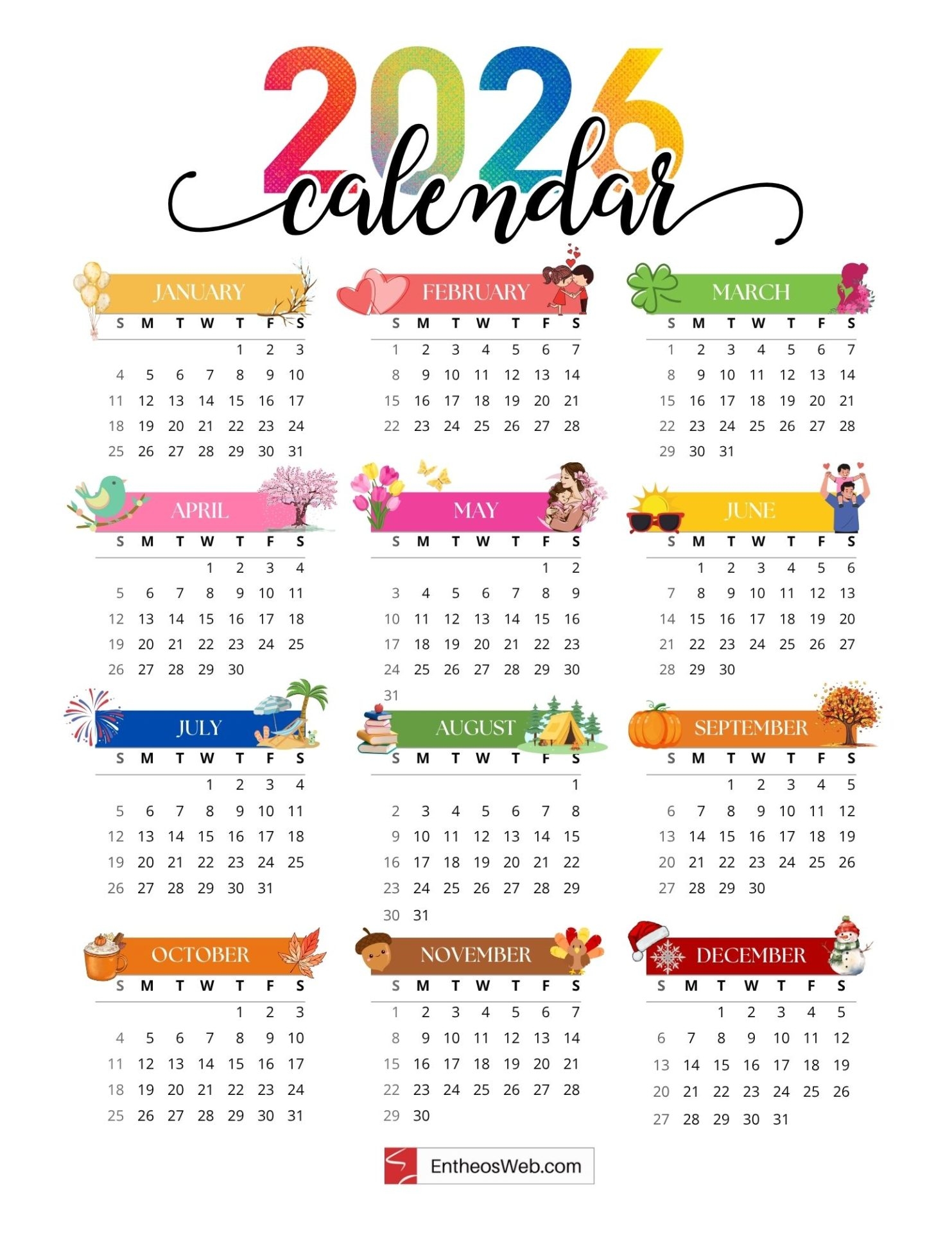 Free 2026 Yearly Calendar Printable One Page
