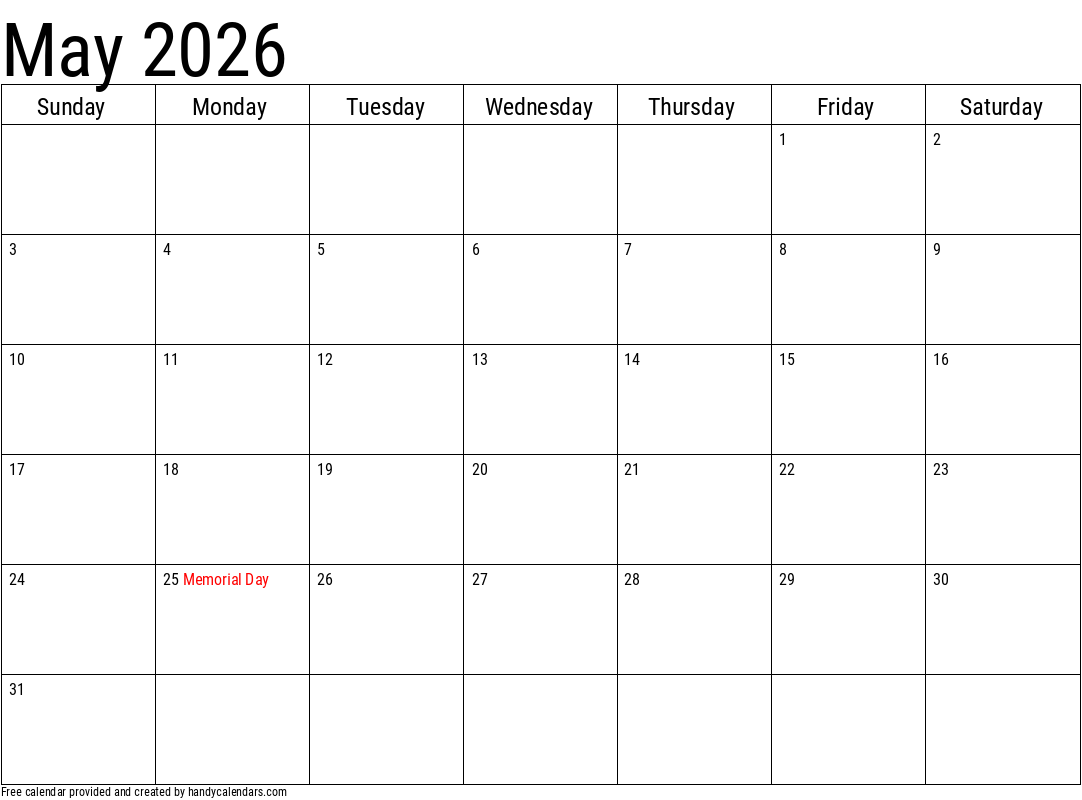 Blank Calendar May 2026 Printable
