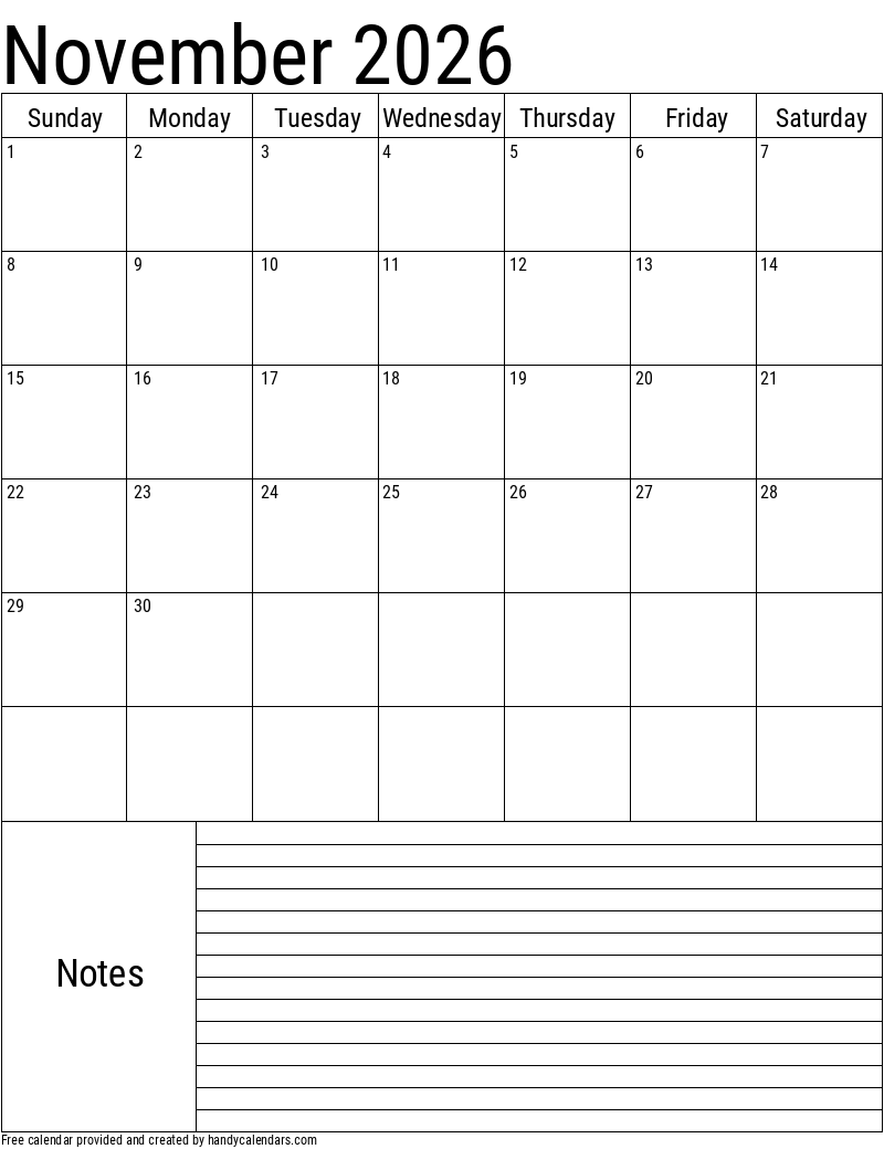November 2026 Calendar Pages Printable