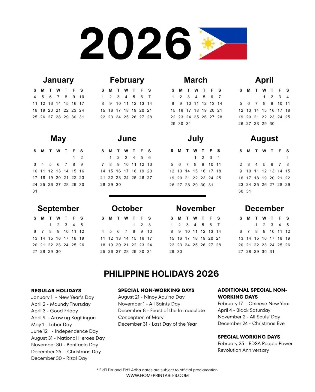 2026 Calendar Philippines With Holidays Printable