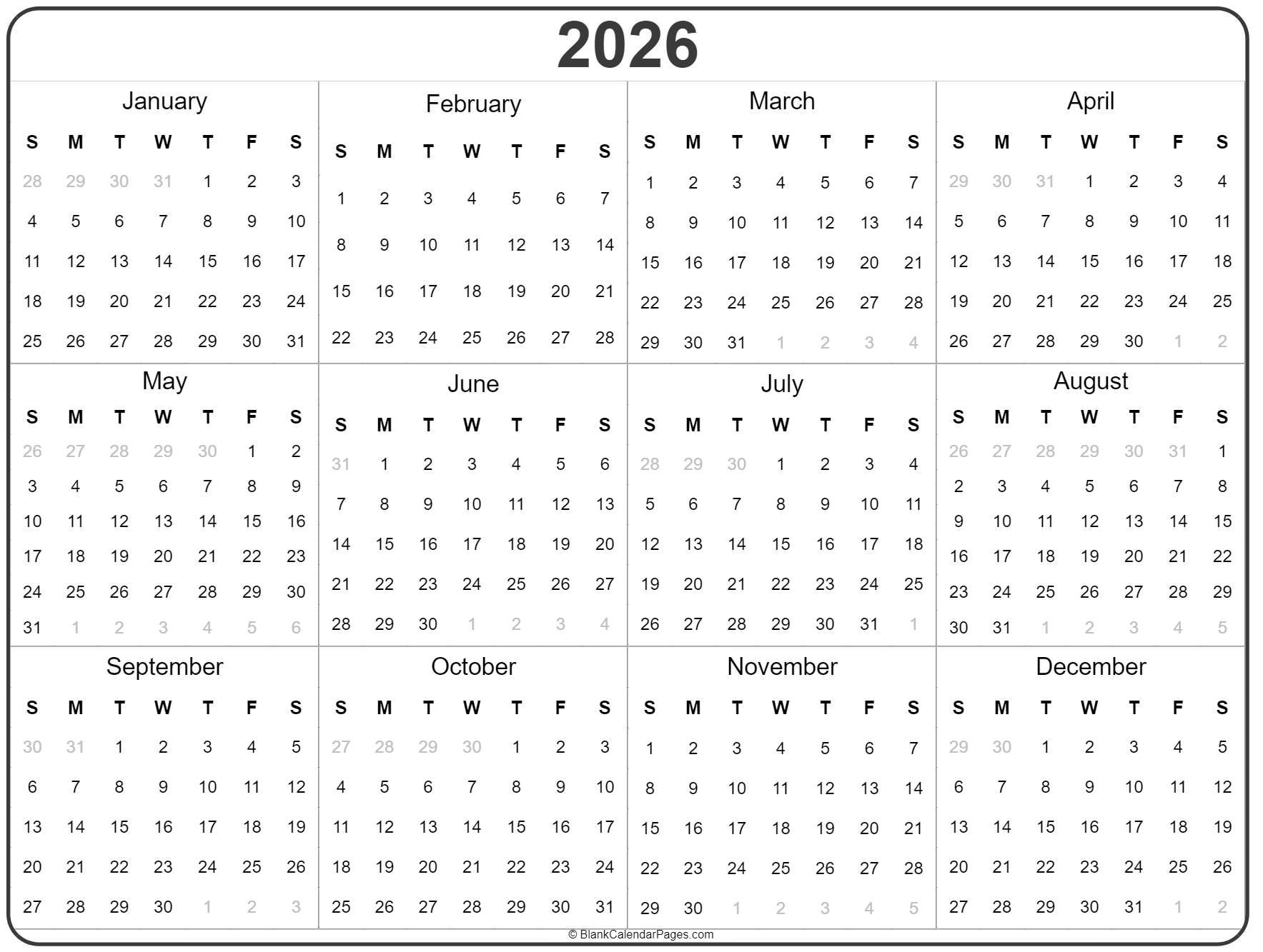 Printable Blank 2026 Calendars