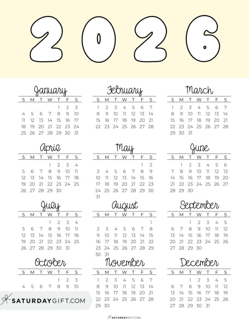 2026 Yearly Calendars 35 Free Printables