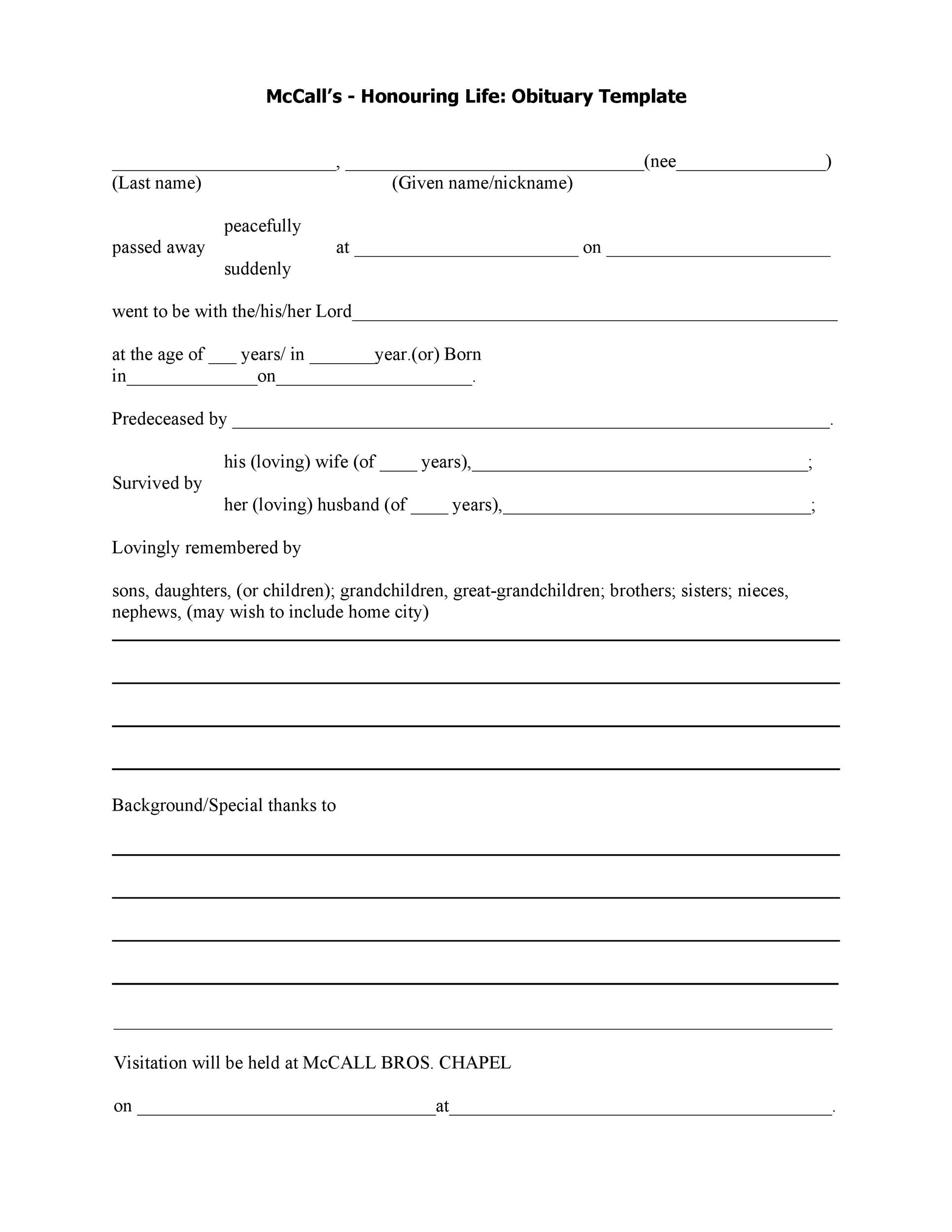 Obituary Form To Fill Out