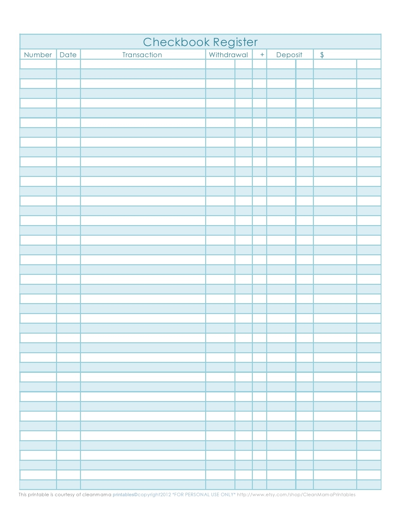 Checkbook Register Template Printable Free