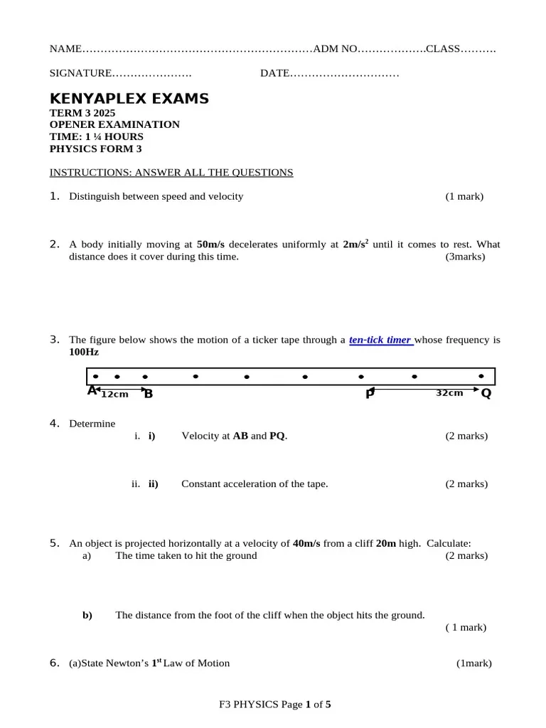 Form 3 Opener Exams 2025