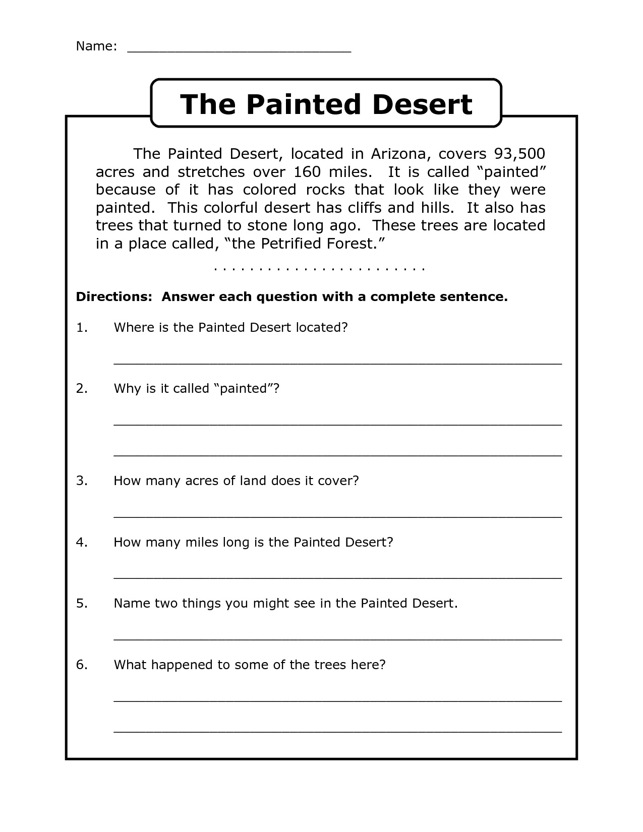 Printable Reading Comprehension Worksheet 4th