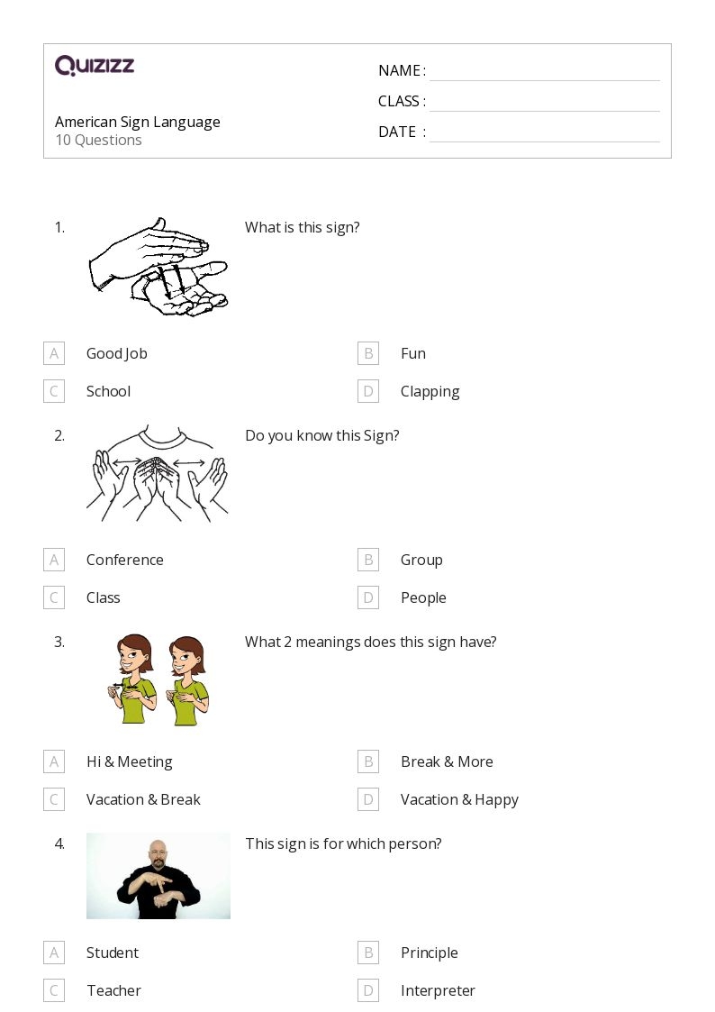 50 American Sign Language Worksheets For 1st Class On Quizizz 