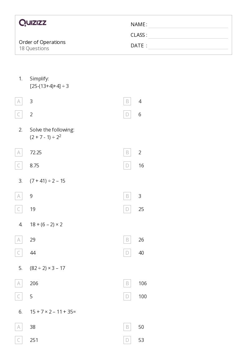Free Printable Order Of Operations Worksheets