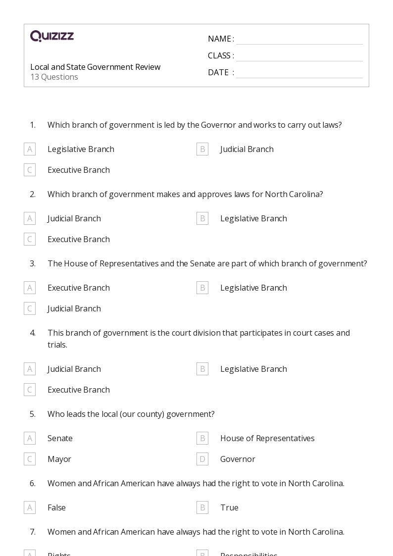 50 State Government Worksheets For 3rd Class On Quizizz Free 