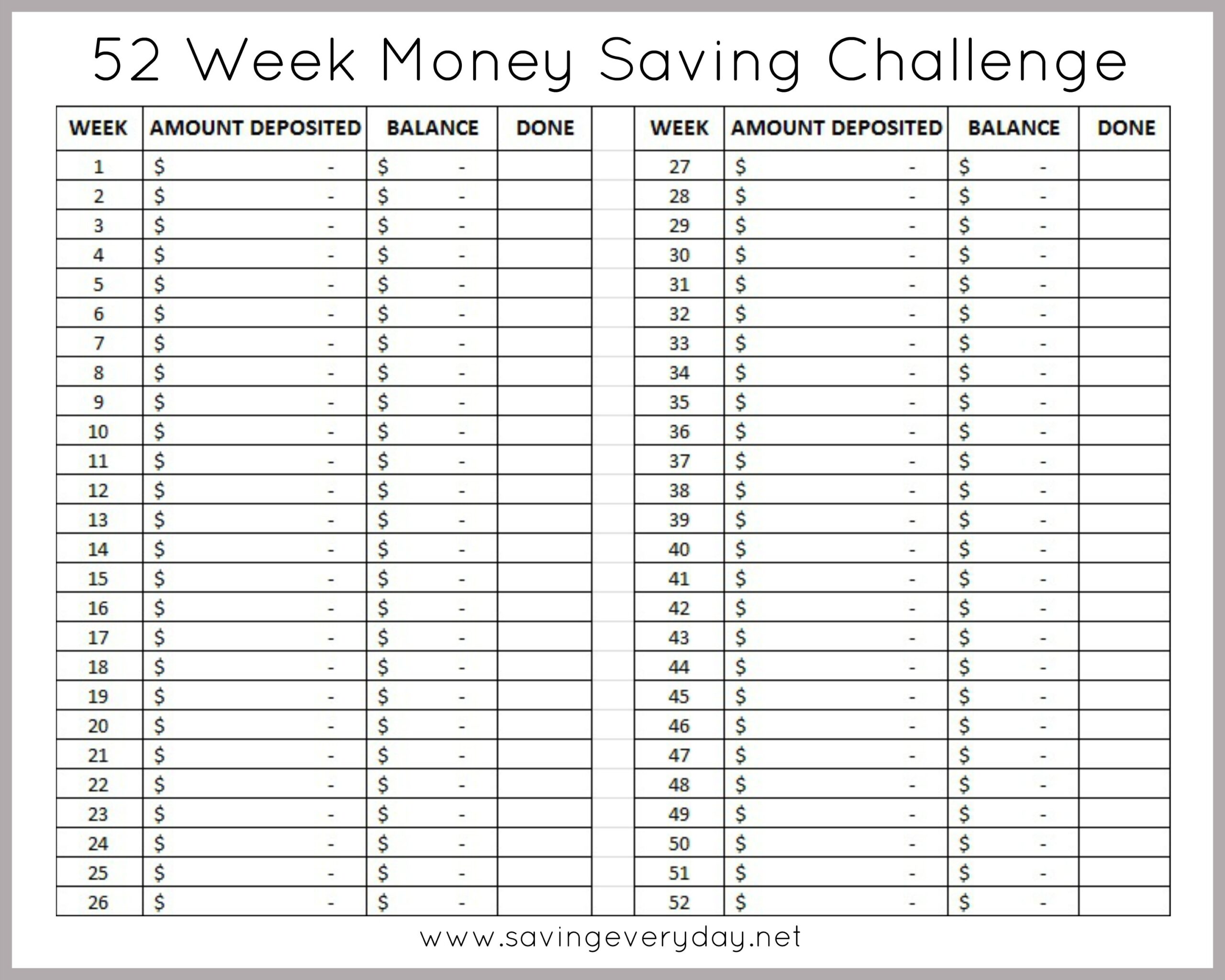52 Week Money Saving Challenge Printable Sheet