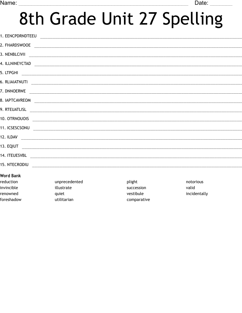 Printable Worksheets For 8th Grade Spelling