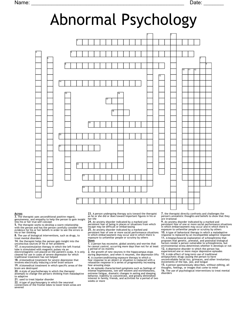 Psychology Crossword Puzzle Printable