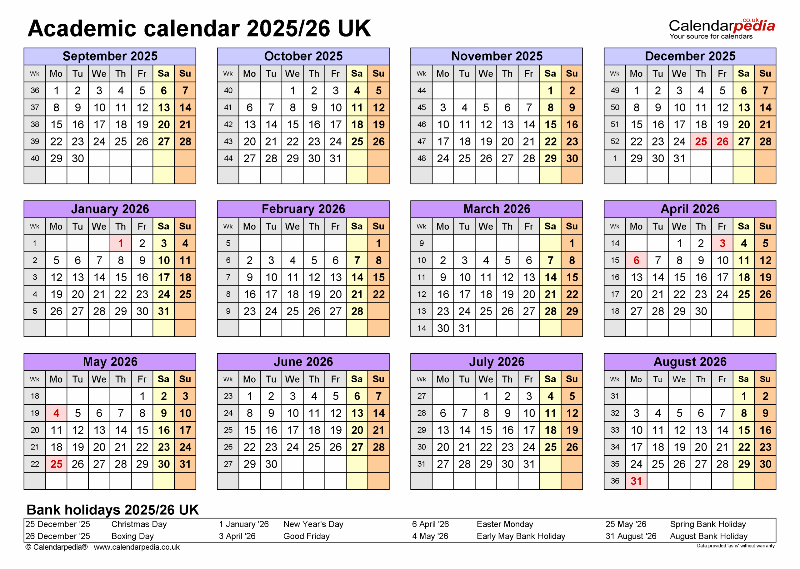 Academic Year Calendar 2025-26