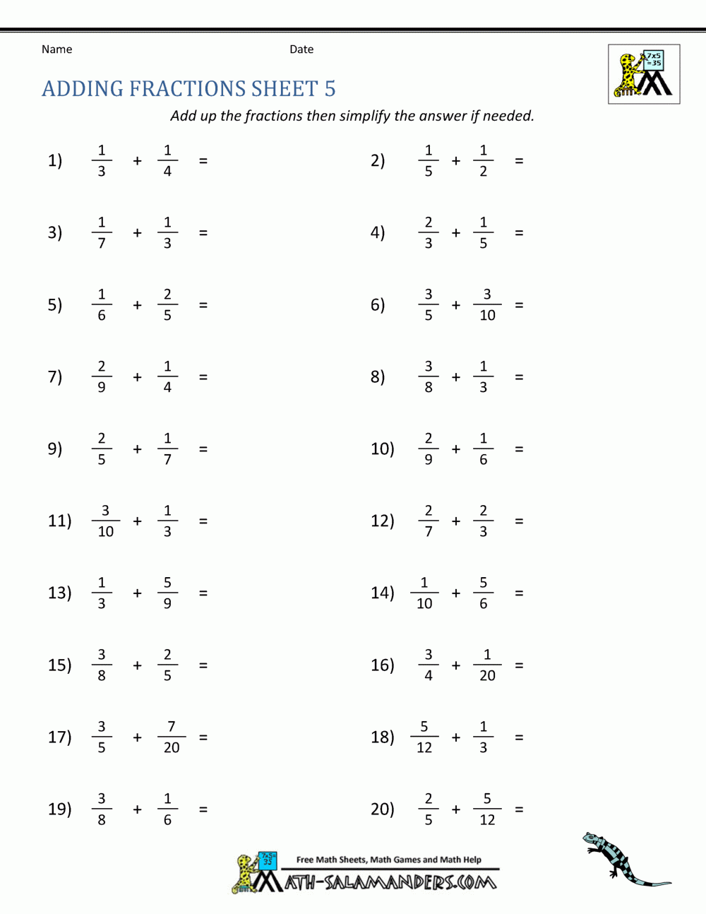 Adding Fractions Worksheets