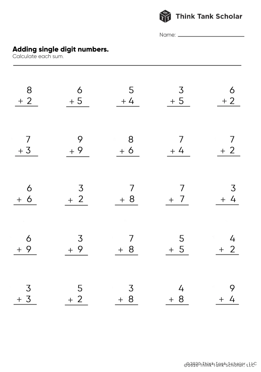 Addition Worksheets Exercises Printable PDF FREE Think Tank 