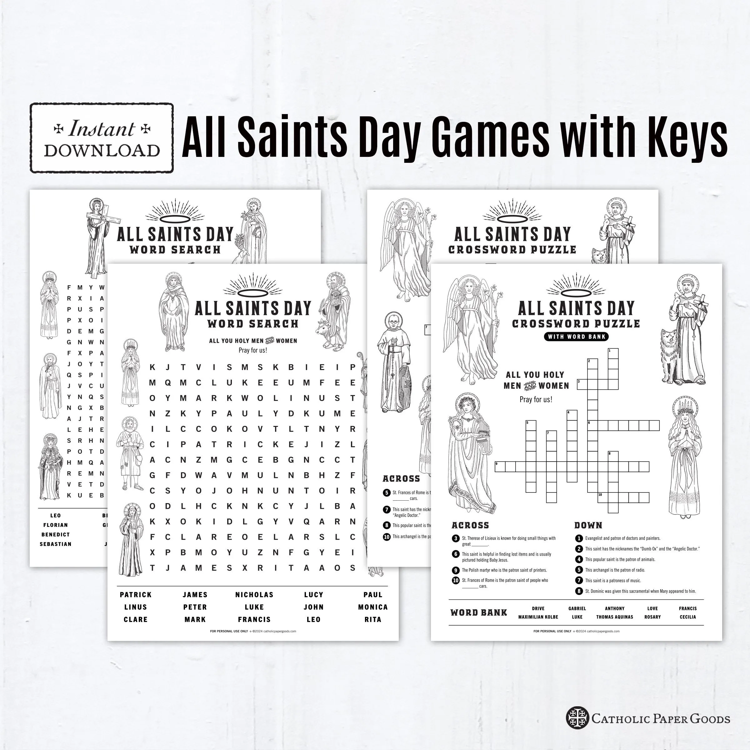 All Saints Day Activity Bundle Catholic Crossword amp Word Search 