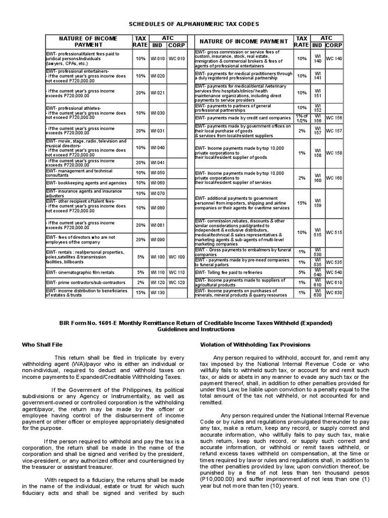 Alphanumeric Tax Codes amp Guidelines PDF Withholding Tax 