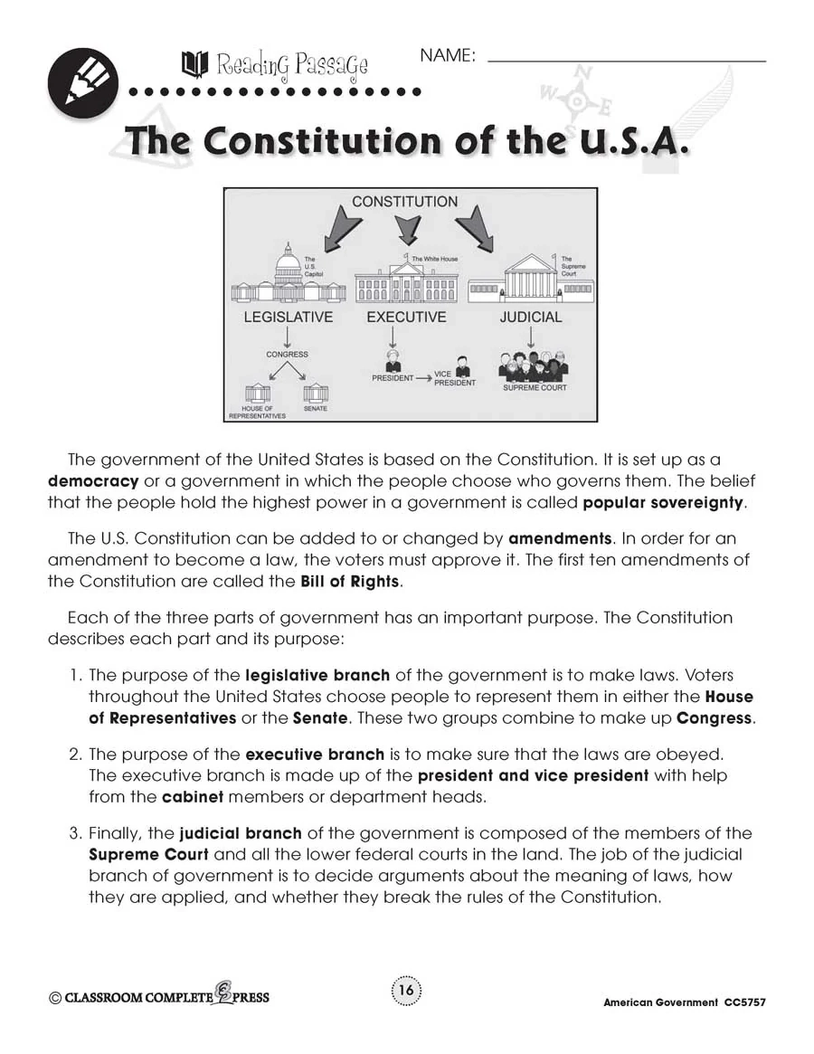 American Government The Three Branches Of Government WORKSHEET 