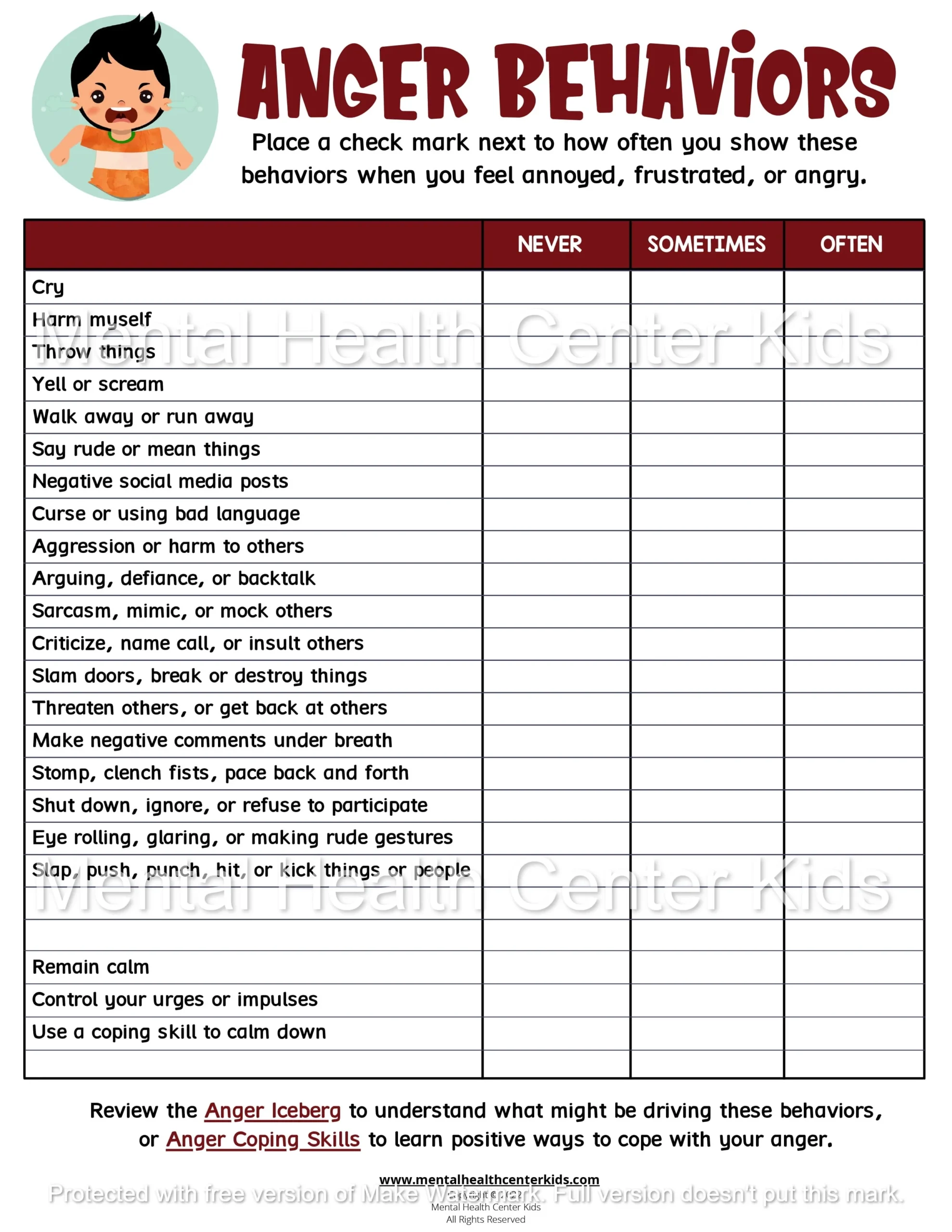 Free Printable Anger Management Worksheets