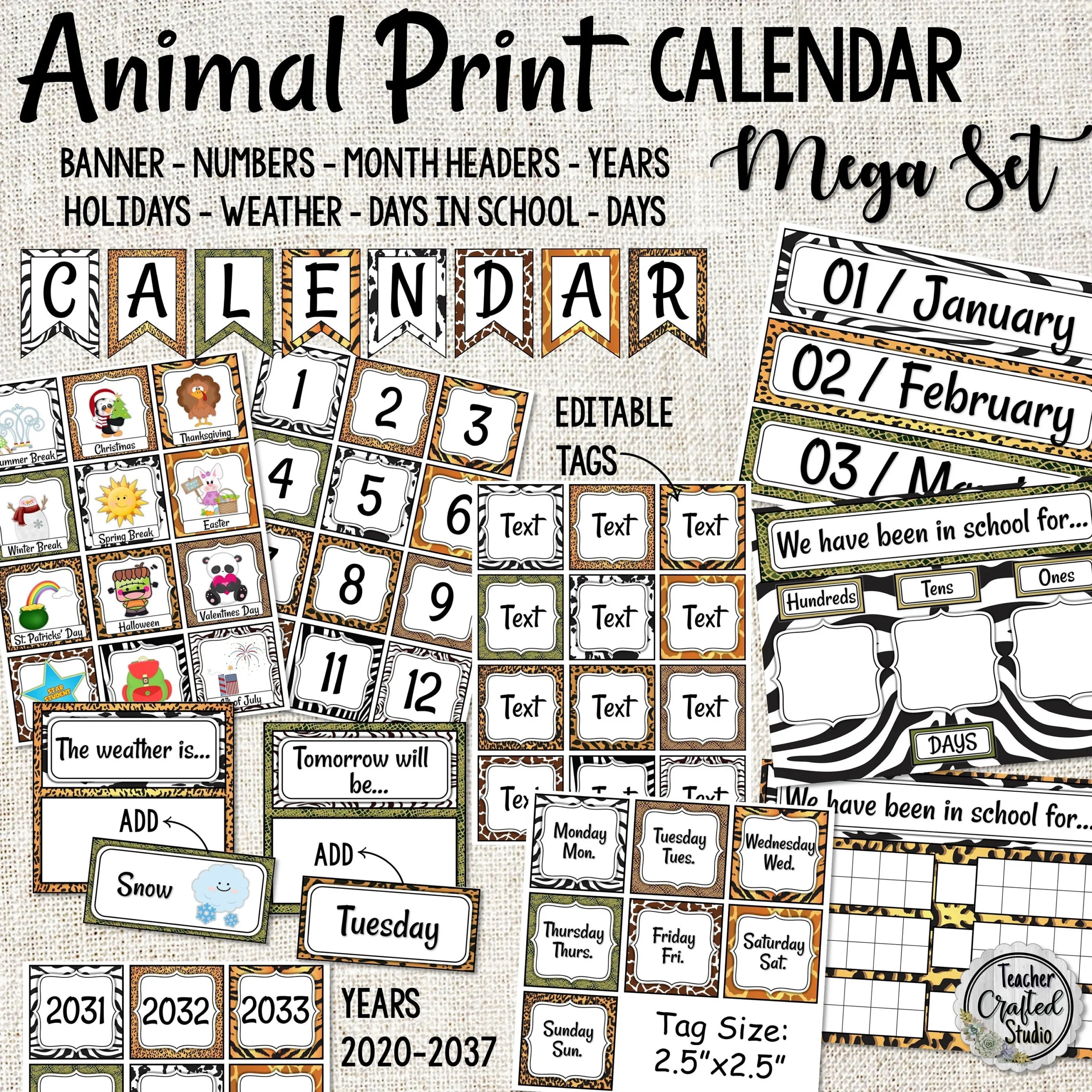 Animal Print Mega Calendar Set Classroom Calendar Pocket 