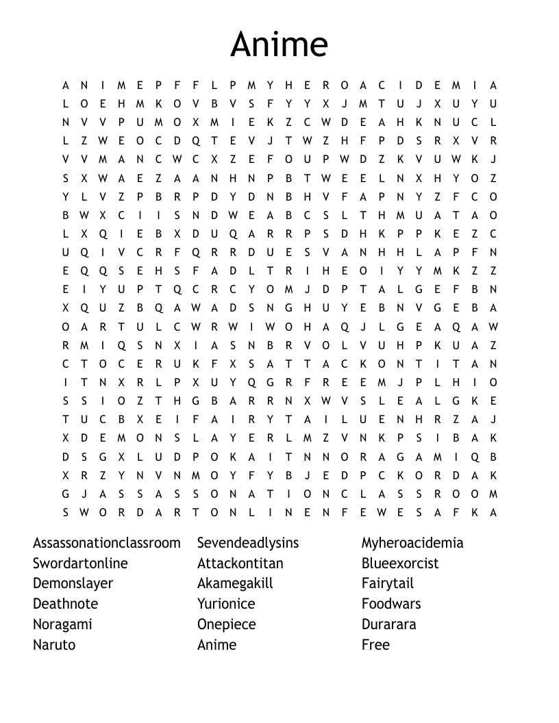 Anime Word Search WordMint