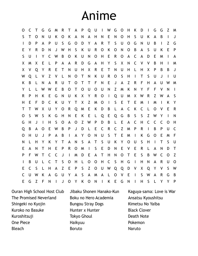 Anime Crossword Puzzles Printable