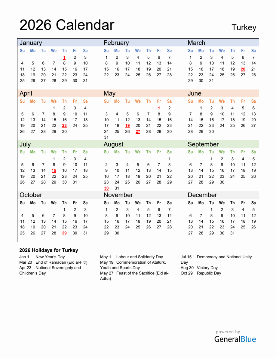 Annual Calendar 2026 With Turkey Holidays