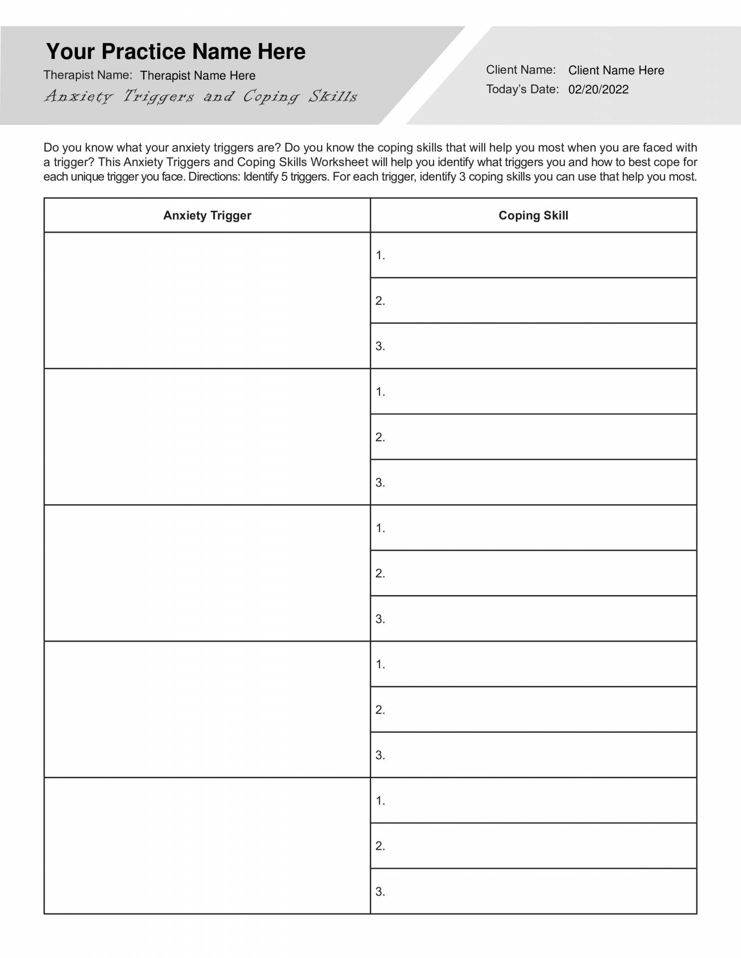Anxiety Triggers And Coping Skills Worksheet PDF Worksheets 