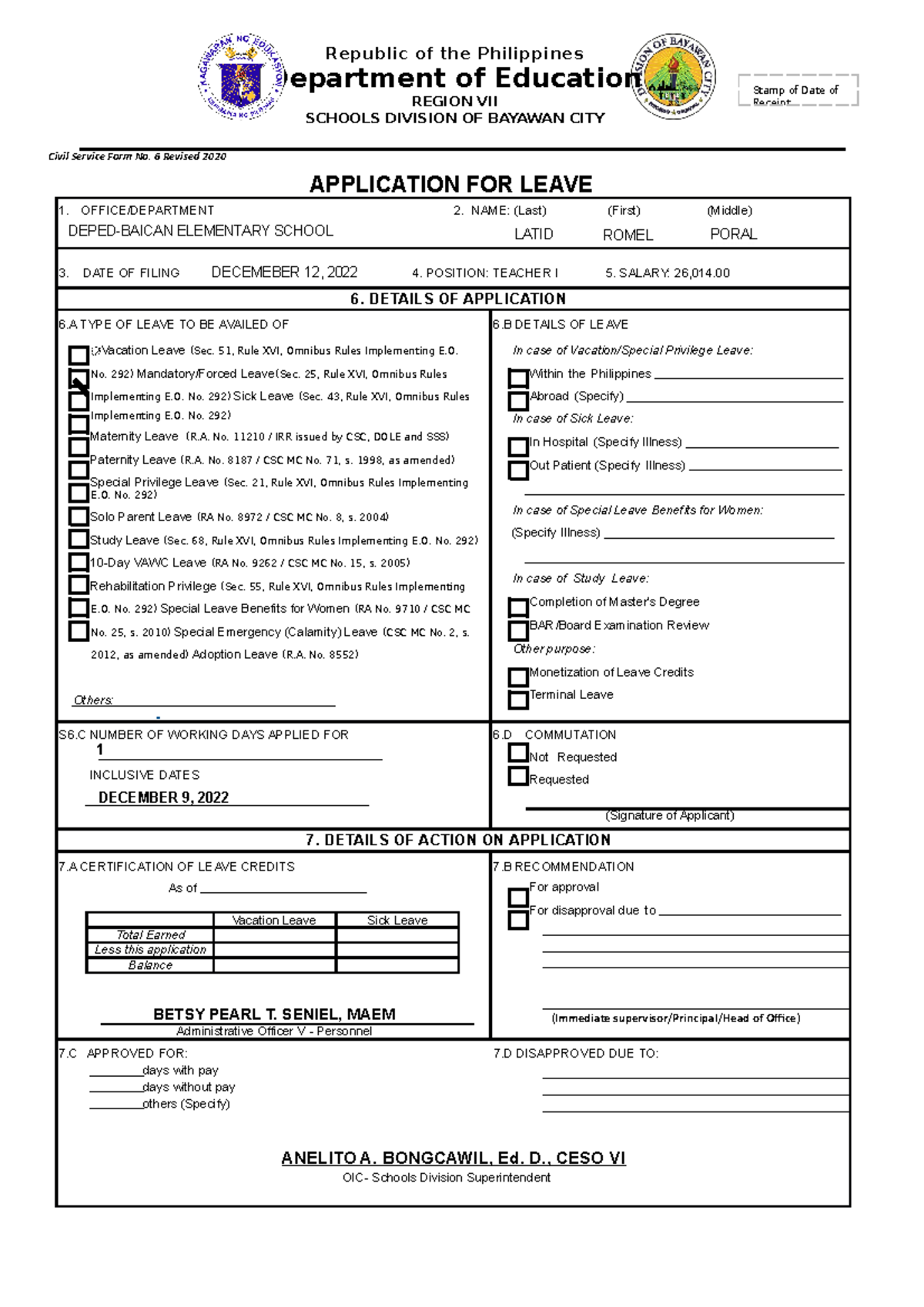 Application For Leave Form Civil Service Form No 6 Studocu