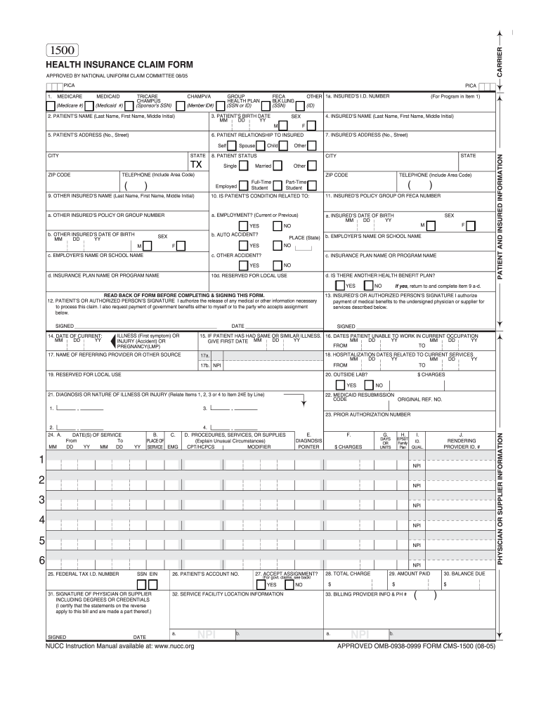 Approved OMB 0938 0999 Form CMS 1500 08 05 Approved OMB 0938 