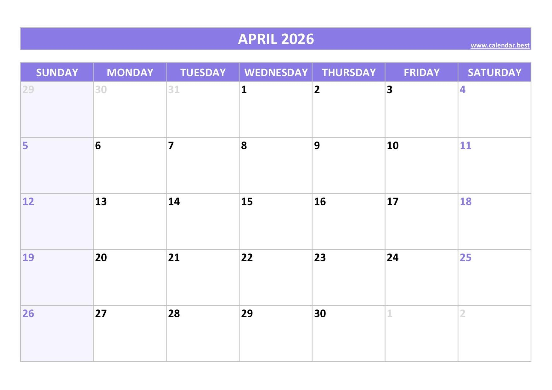 Printable April Blank Calendar 2026