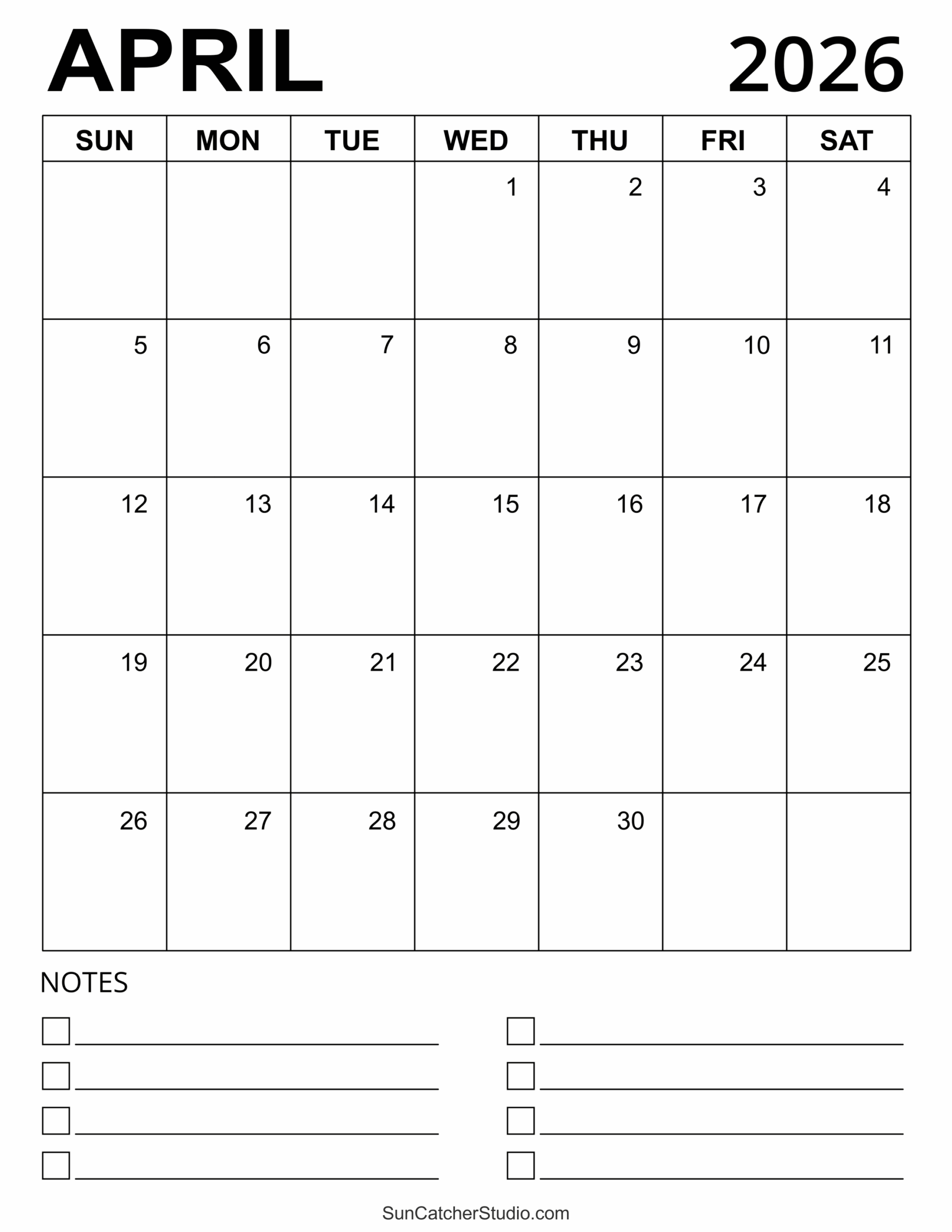 April 2026 Blank Calendar Printable Free